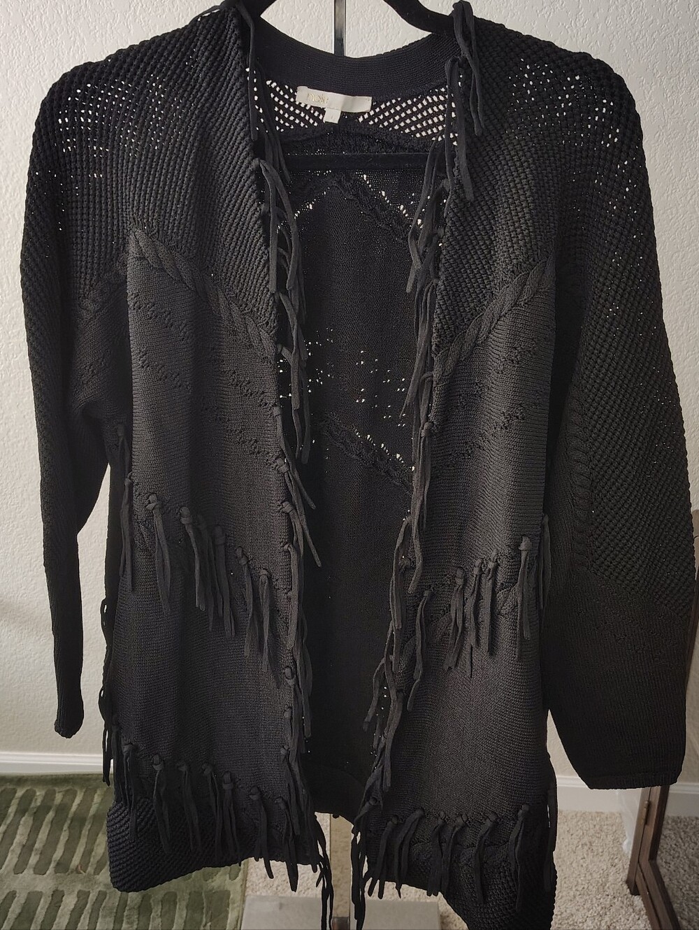 MAJE BLACK KIMONO STYLE FRINGED AND CROCHETED OVERSIZED JACKET Sz 1 Small Med